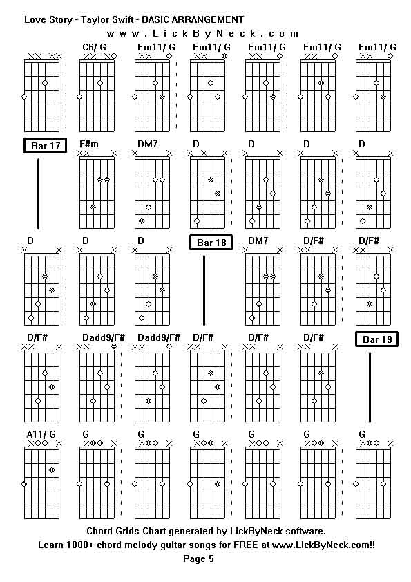 Chord Grids Chart of chord melody fingerstyle guitar song-Love Story - Taylor Swift - BASIC ARRANGEMENT,generated by LickByNeck software.